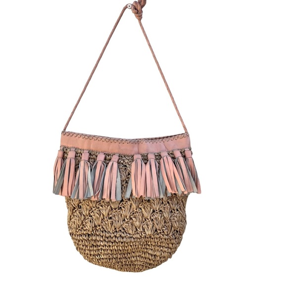 CLEOBELLA RAFIA & LEATHER FRINGE CROSSBODY SHOULDER BAG Pink - Picture 5 of 11